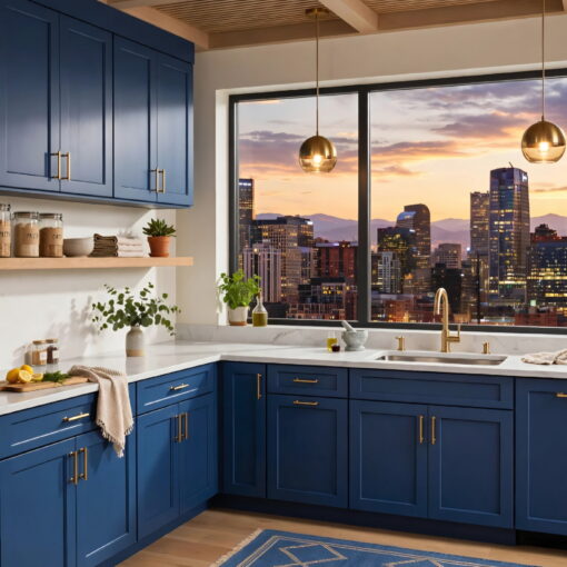 Blue factory finish kitchen cabinet in Denver, Colorado