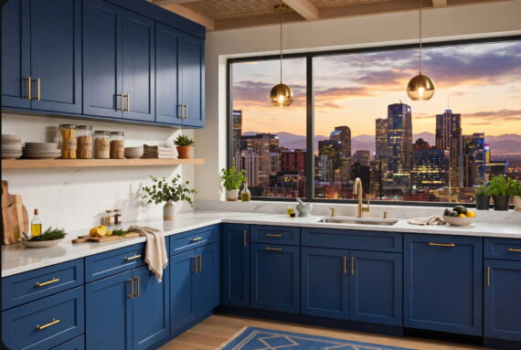 Blue factory finish kitchen cabinet in Denver, Colorado