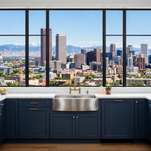 Kitchen with navy cabinets, white countertops, and a stainless sink, overlooking a city skyline and distant mountains.