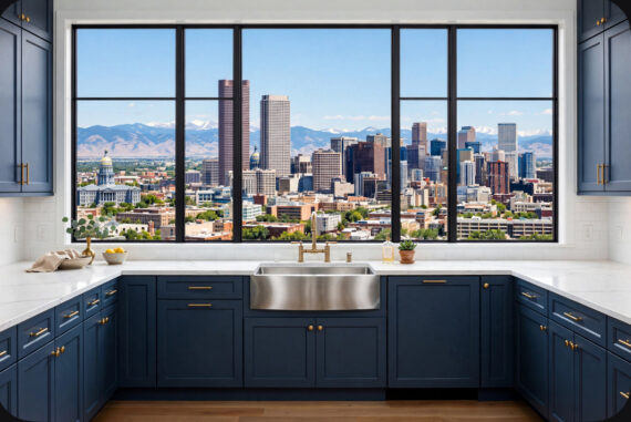 Kitchen with navy cabinets, white countertops, and a stainless sink, overlooking a city skyline and distant mountains.