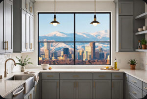 Modern gray kitchen with gold hardware and a large window showing a city skyline and snow-capped mountains.