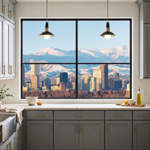 Modern gray kitchen with gold hardware and a large window showing a city skyline and snow-capped mountains.