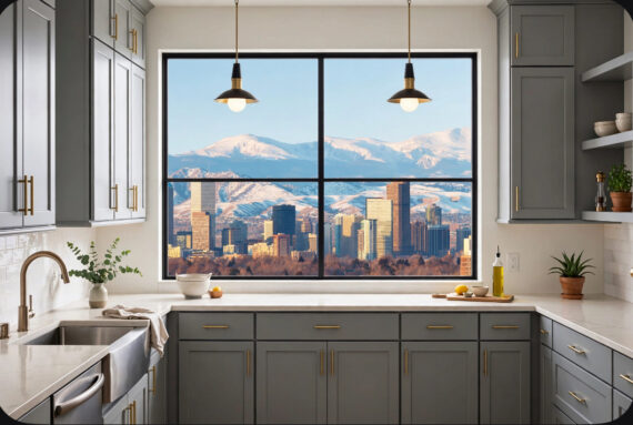 Modern gray kitchen with gold hardware and a large window showing a city skyline and snow-capped mountains.