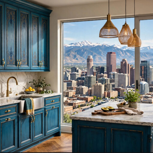 Blue factory finish kitchen with marble countertops and brass fixtures, island in foreground, and a floor-to-ceiling window revealing a city skyline and mountains beyond.