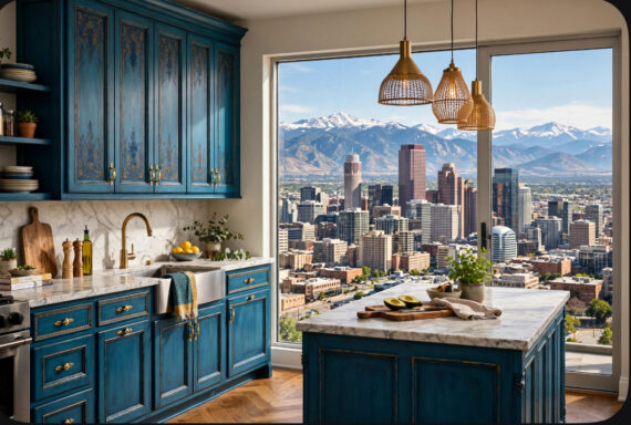 Blue factory finish kitchen with marble countertops and brass fixtures, island in foreground, and a floor-to-ceiling window revealing a city skyline and mountains beyond.