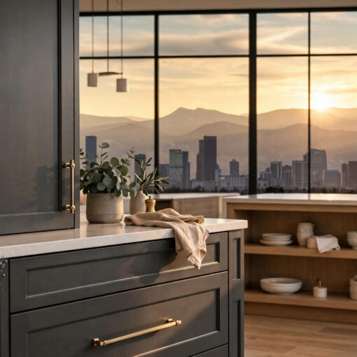 Modern kitchen with dark cabinetry and marble countertop, overlooking a city skyline at sunset through large windows.