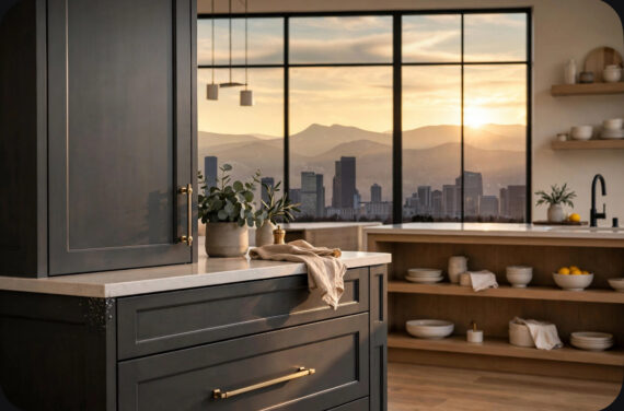 Modern kitchen with dark cabinetry and marble countertop, overlooking a city skyline at sunset through large windows.