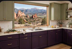 Eco-Friendly Cabinet Painting Using Low VOC Lacquer Finishes 2 Kitchen with purple lower cabinets and olive-green upper cabinets, large window revealing red rock formations and distant mountains.