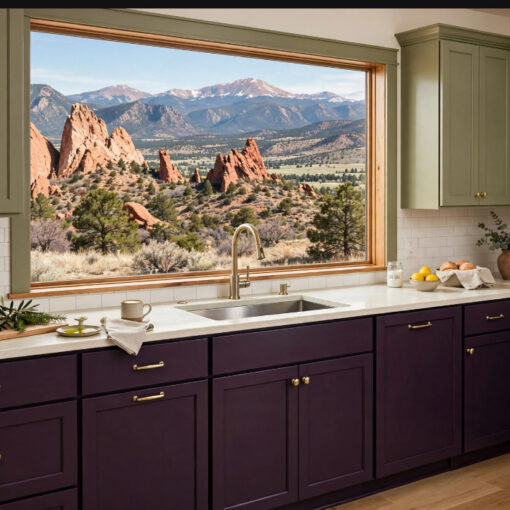Kitchen with purple lower cabinets and olive-green upper cabinets, large window revealing red rock formations and distant mountains.