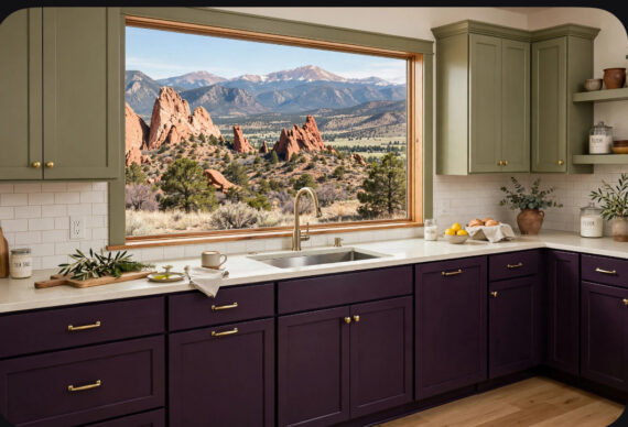 Kitchen with purple lower cabinets and olive-green upper cabinets, large window revealing red rock formations and distant mountains.