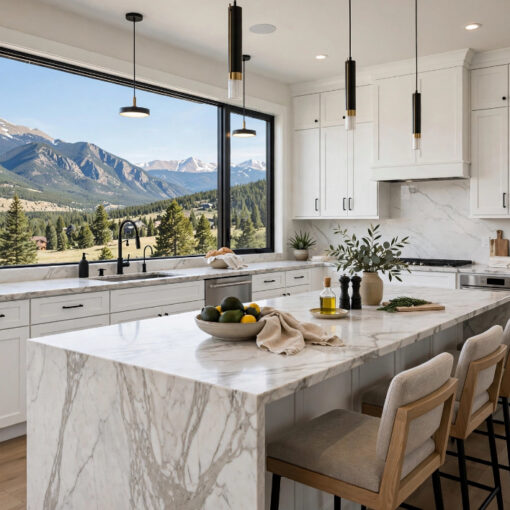 Bright white kitchen with a marble island and bar seating, large windows showing snow-capped mountains and pine trees outside.