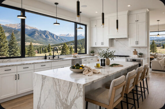 Bright white kitchen with a marble island and bar seating, large windows showing snow-capped mountains and pine trees outside.