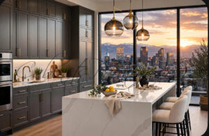 Modern kitchen with dark wood cabinets, white marble island, pendant lights, and a city skyline at sunset.