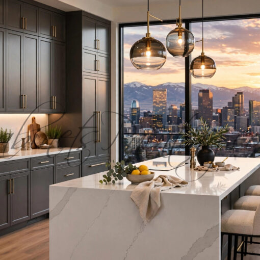 Modern kitchen with dark wood cabinets, white marble island, pendant lights, and a city skyline at sunset.