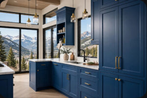 Blue kitchen with white marble countertops and gold hardware, mountain view through large windows behind.