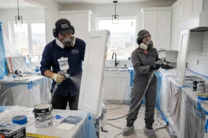 Best kitchen cabinet painters in Denver Colorado spraying white shaker cabinets with factory 2K finish