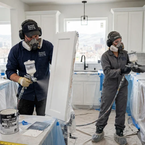 Best kitchen cabinet painters in Denver Colorado spraying white shaker cabinets with factory 2K finish